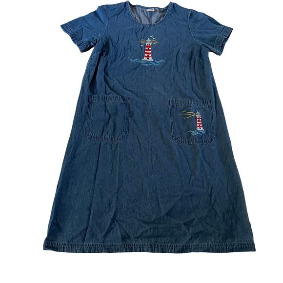 Embroidered Nautical Lighthouse Denim Dress Sz S Coastal Cottagecore Y2K - Picture 1 of 6